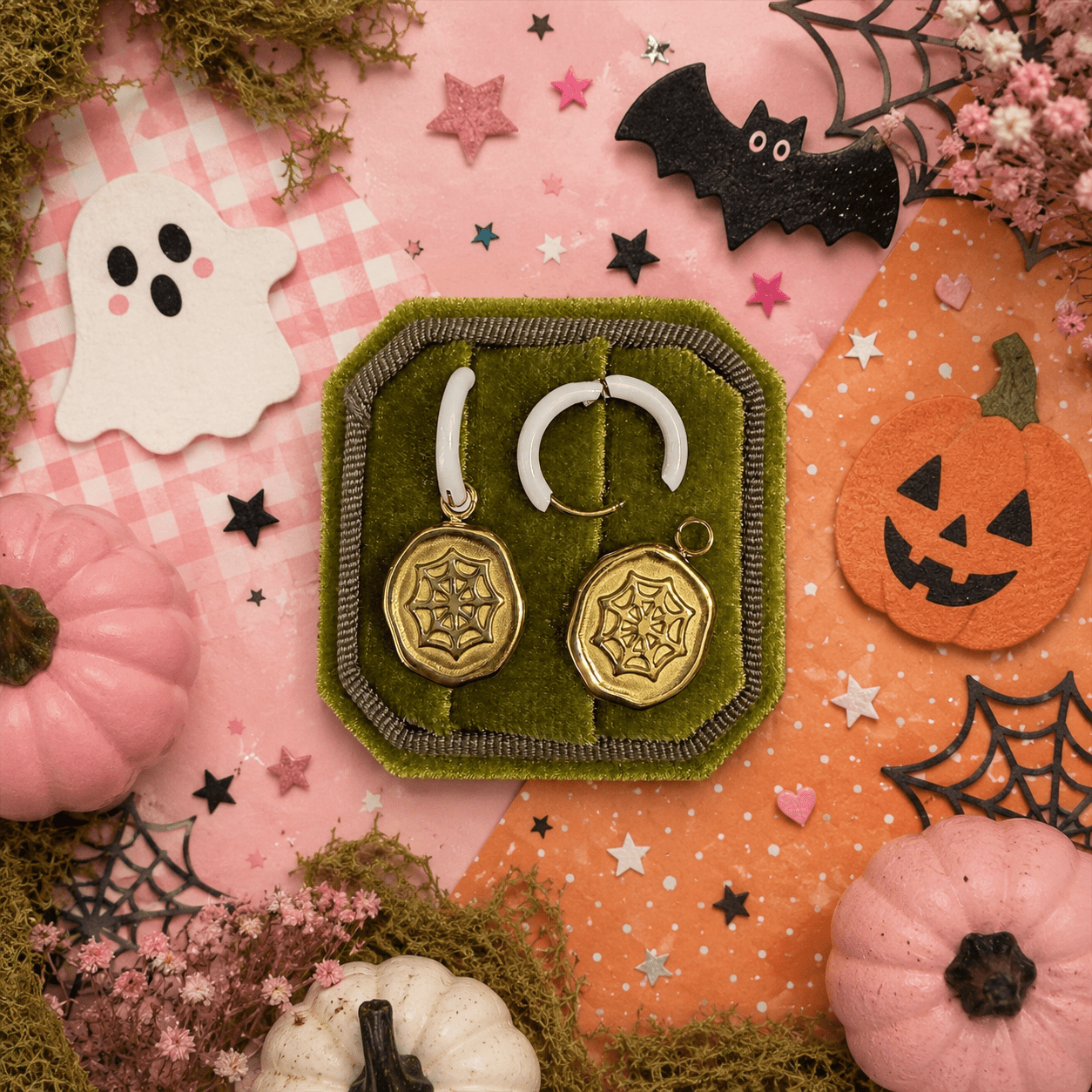 10mm White Huggies & Enchanted Web Charms - Cherry On Top Jewelry Co.