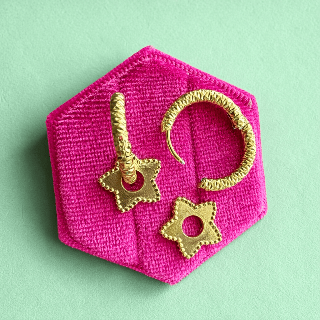 16.7mm Gold Textured Huggies & Star Charms - Cherry On Top Jewelry Co.