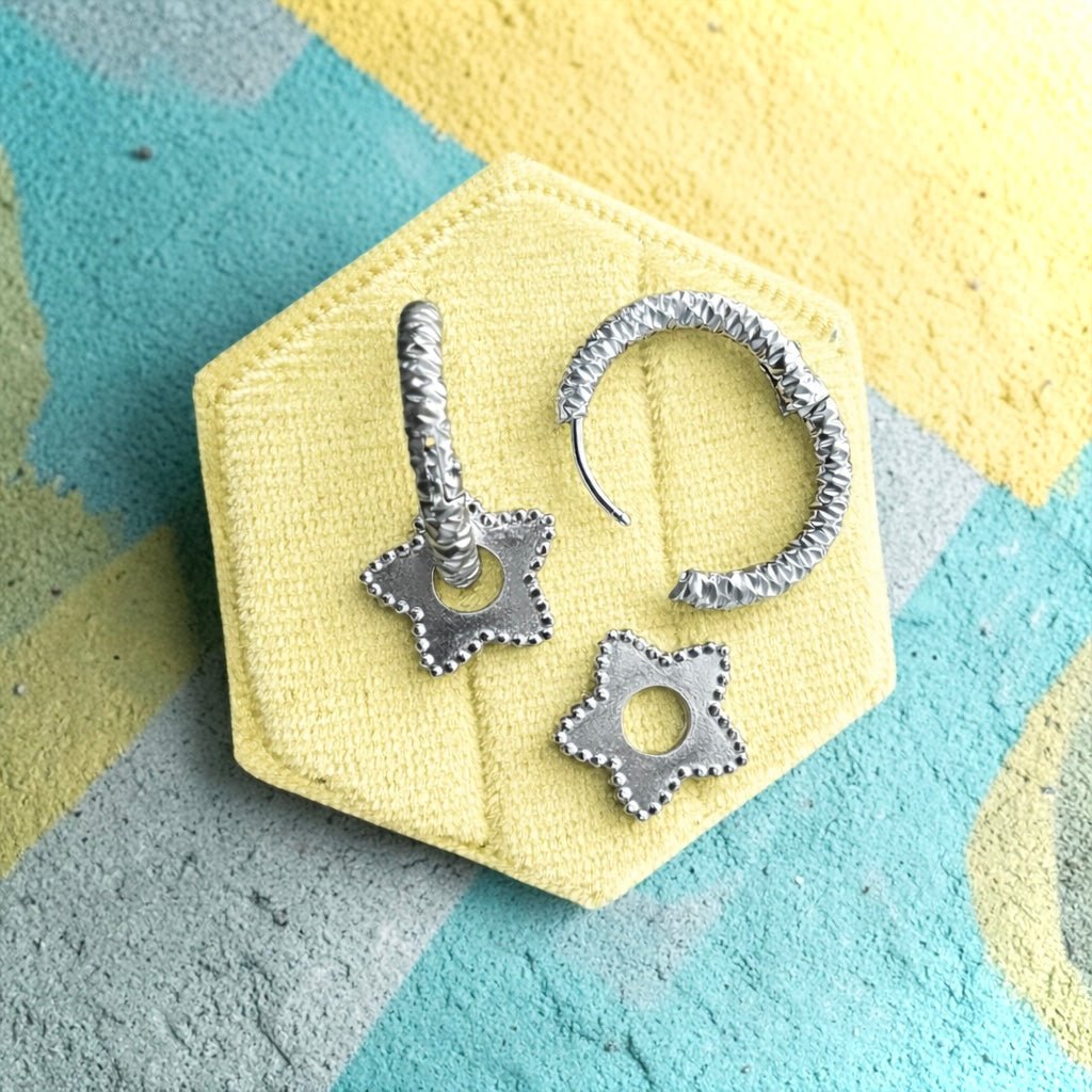 16.7mm Silver Textured Huggies and Star Charms - Cherry On Top Jewelry Co.
