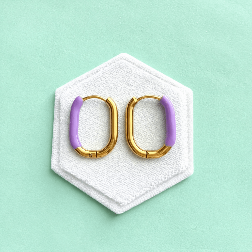 20.7mm U Shaped Gold and Purple Enamel Dipped Huggies - Cherry On Top Jewelry Co.