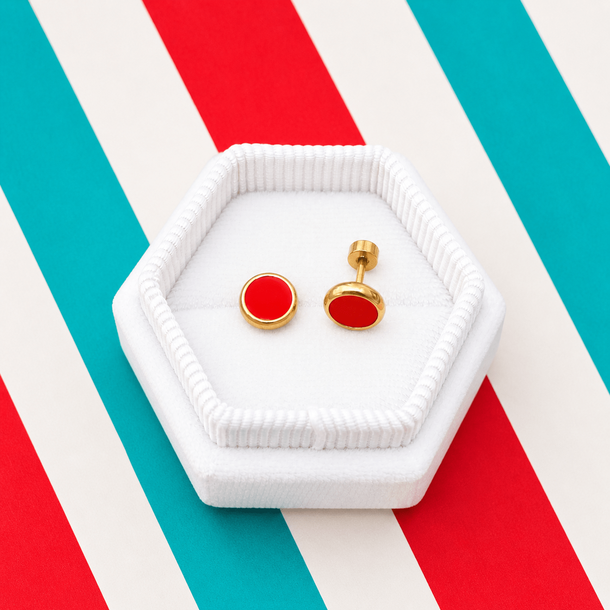 8mm Gold Circle Red Screwbacks - Cherry On Top Jewelry Co.