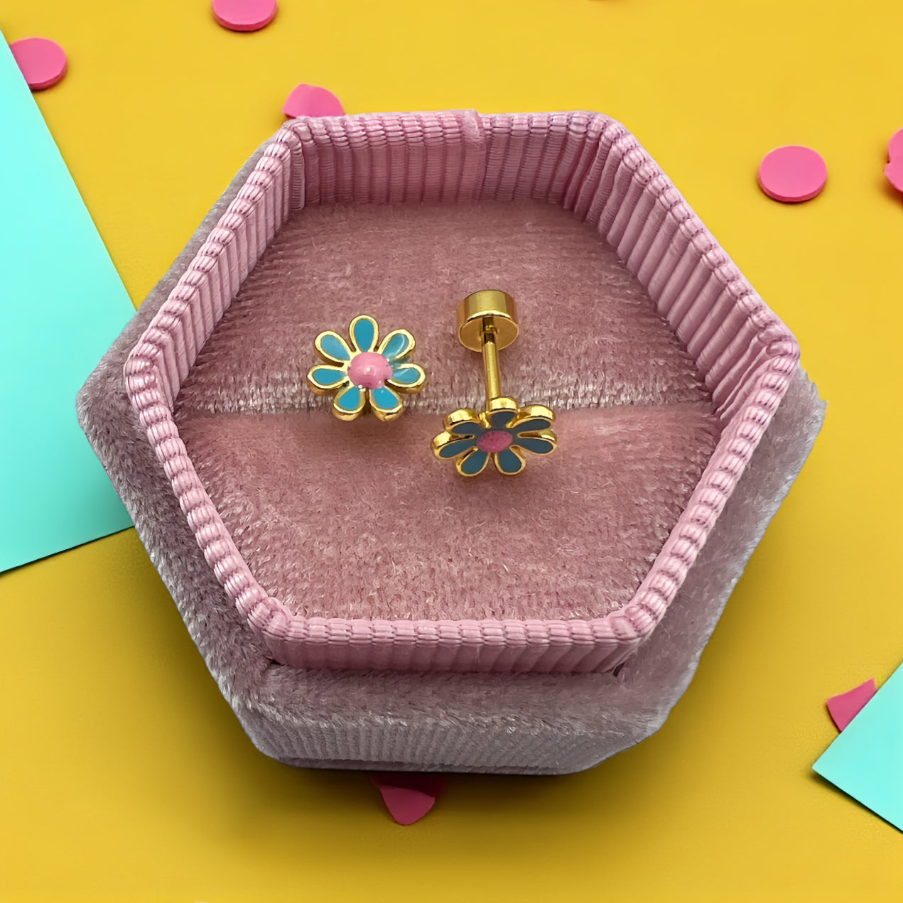 Gold & Teal Flower Screwbacks - Cherry On Top Jewelry Co.