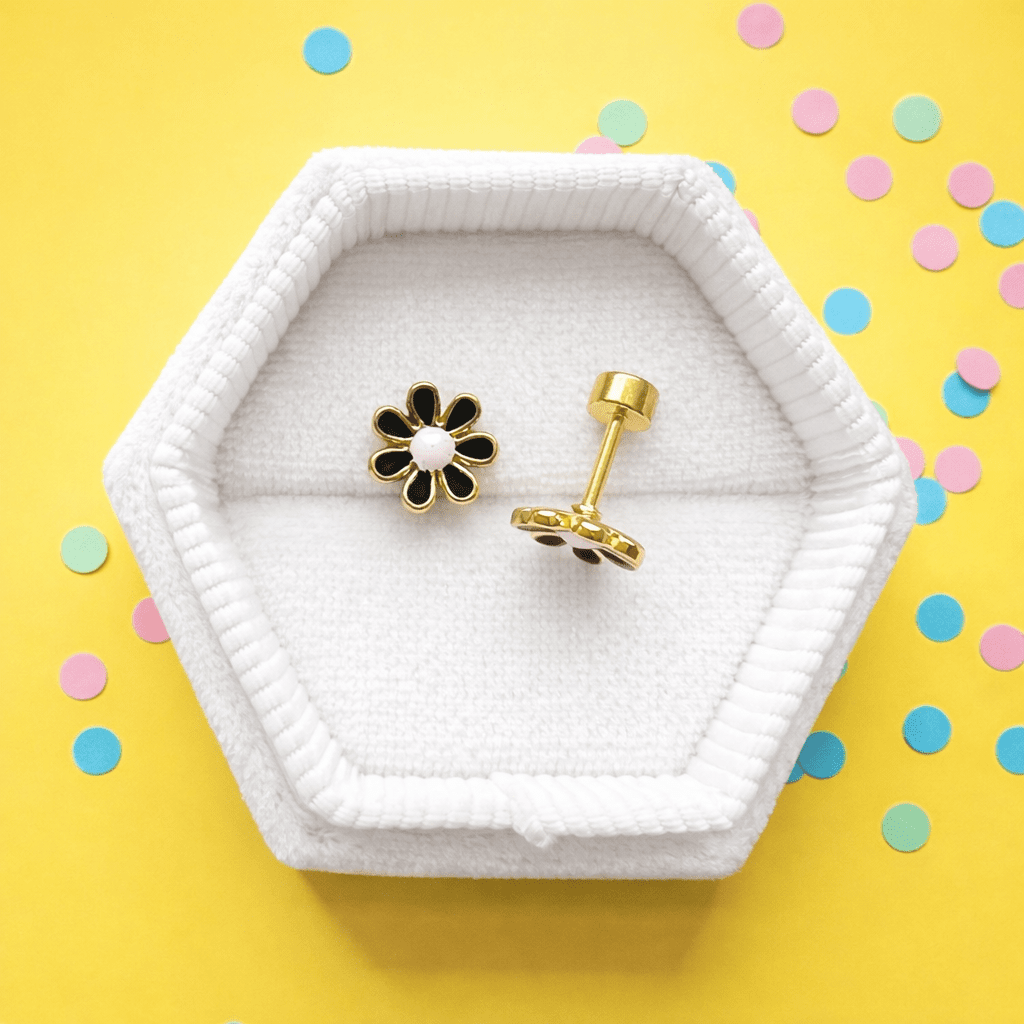 Gold and Black Flower Screwbacks - Cherry On Top Jewelry Co.