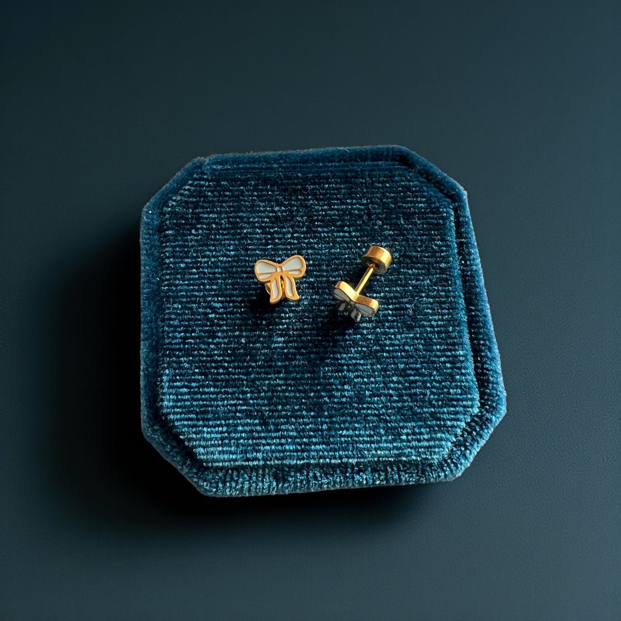 Gold and Blue Bow Screwbacks - Cherry On Top Jewelry Co.