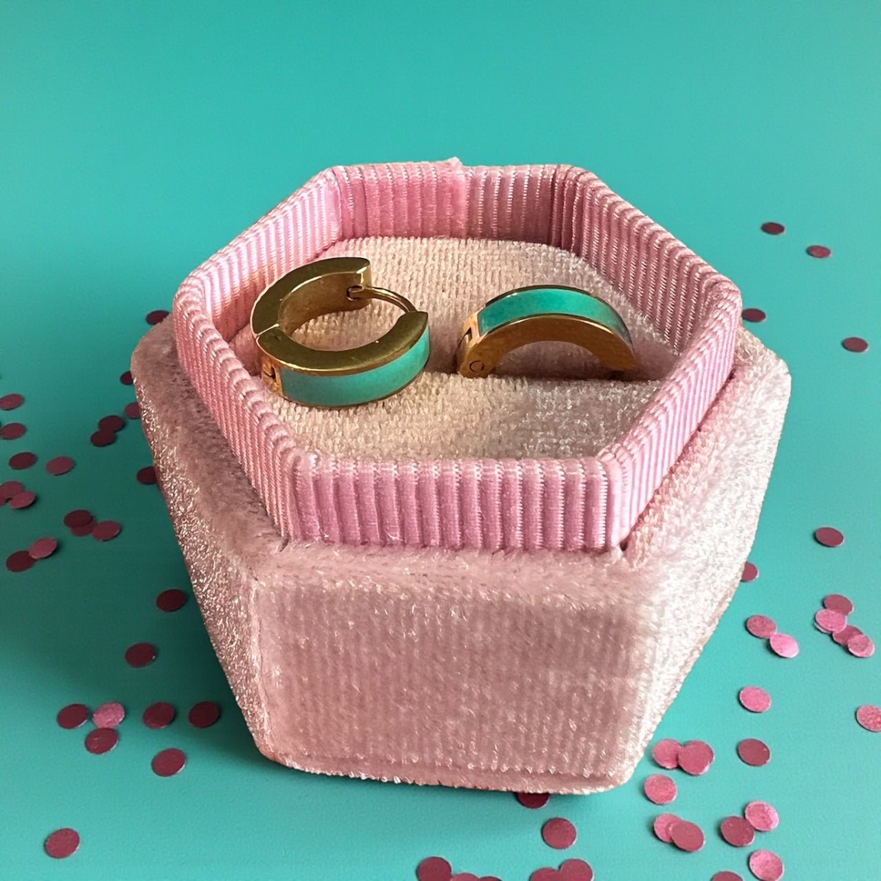 Gold and Turquoise Striped Huggies - Cherry On Top Jewelry Co.