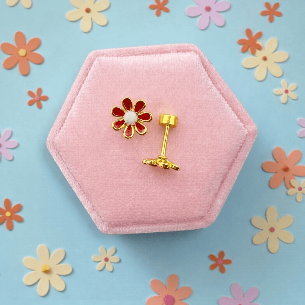 Gold Red Flower Screwbacks - Cherry On Top Jewelry Co.