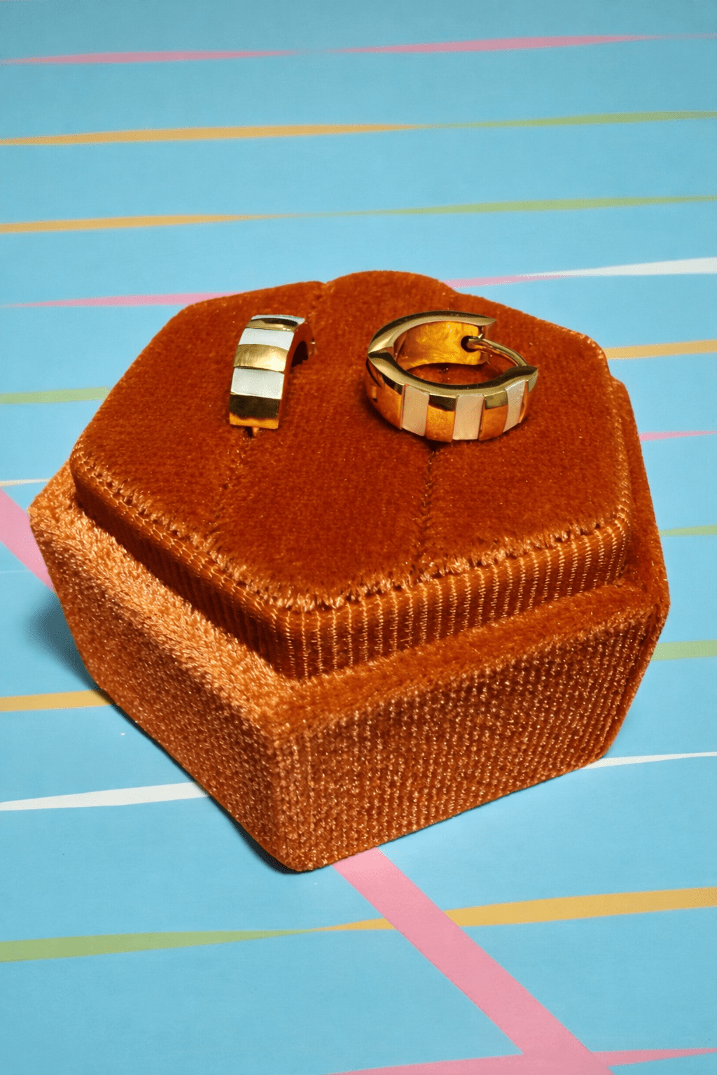 Gold & Shell Striped Huggies - Cherry On Top Jewelry Co.