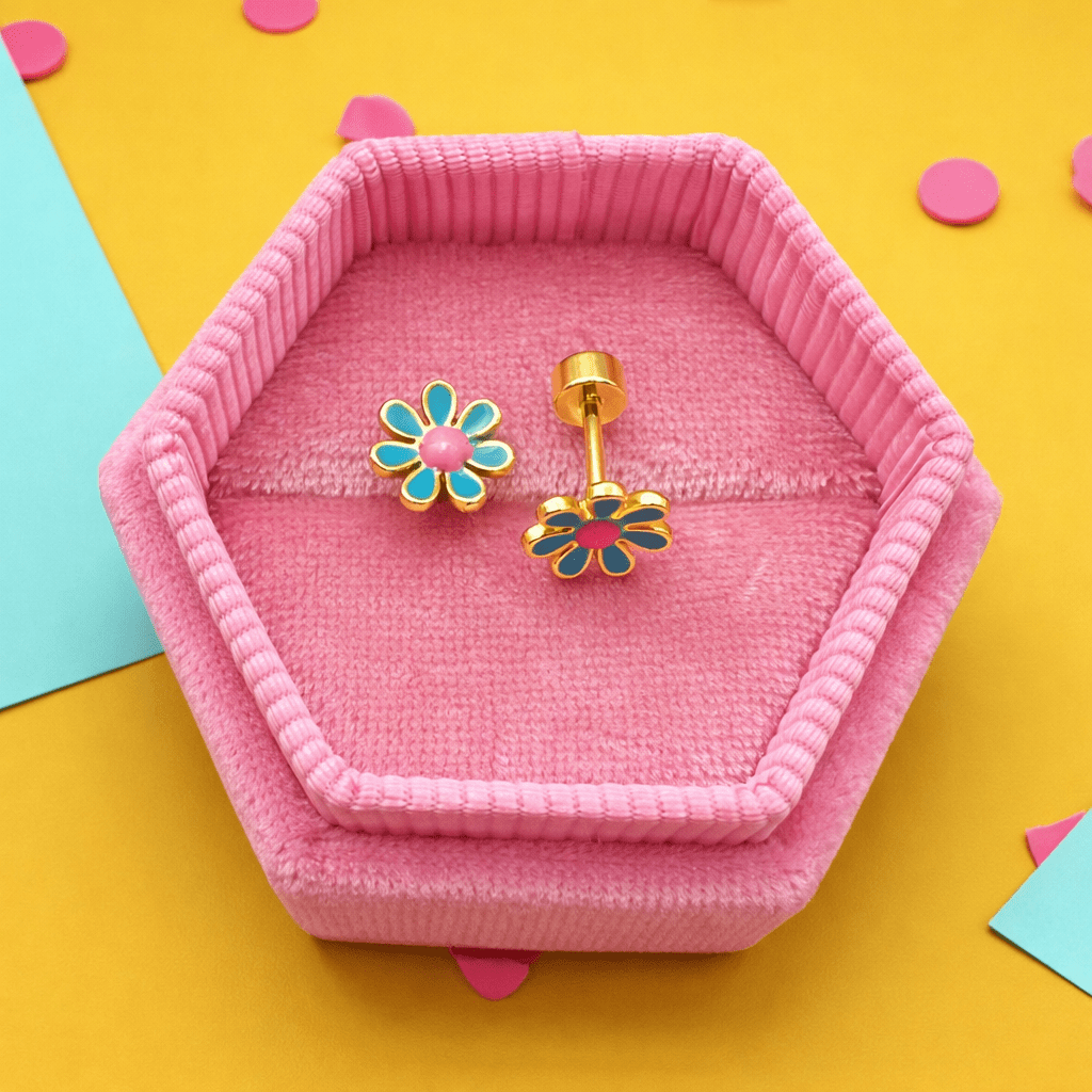 Gold & Teal Flower Screwbacks Earrings - Cherry On Top Jewelry Co.