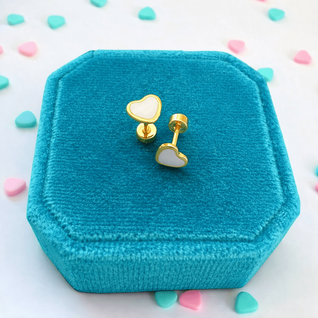 Gold & White Heart Screwbacks - Cherry On Top Jewelry Co.